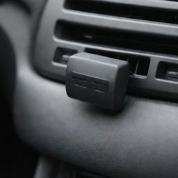 A miniature, horizontally extended, rectangle-shaped car vent clip with rounded edges. It's made from black plastic and has perforations, functioning as an air freshener.