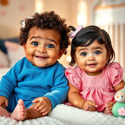 A baby boy and a baby girl sitting next to each other, both with a mixture of features from diverse ethnic backgrounds