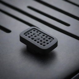 A miniature, horizontally extended, rectangle-shaped car vent clip with rounded edges. It's made from black plastic and has perforations, functioning as an air freshener.