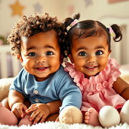 A baby boy and a baby girl sitting next to each other, both with a mixture of features from diverse ethnic backgrounds