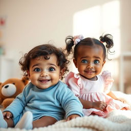 A baby boy and a baby girl sitting next to each other, both with a mixture of features from diverse ethnic backgrounds