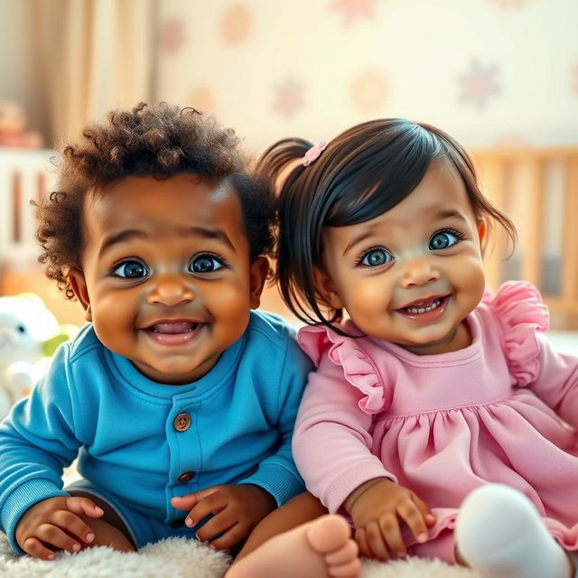 A baby boy and a baby girl sitting next to each other, both with a mixture of features from diverse ethnic backgrounds