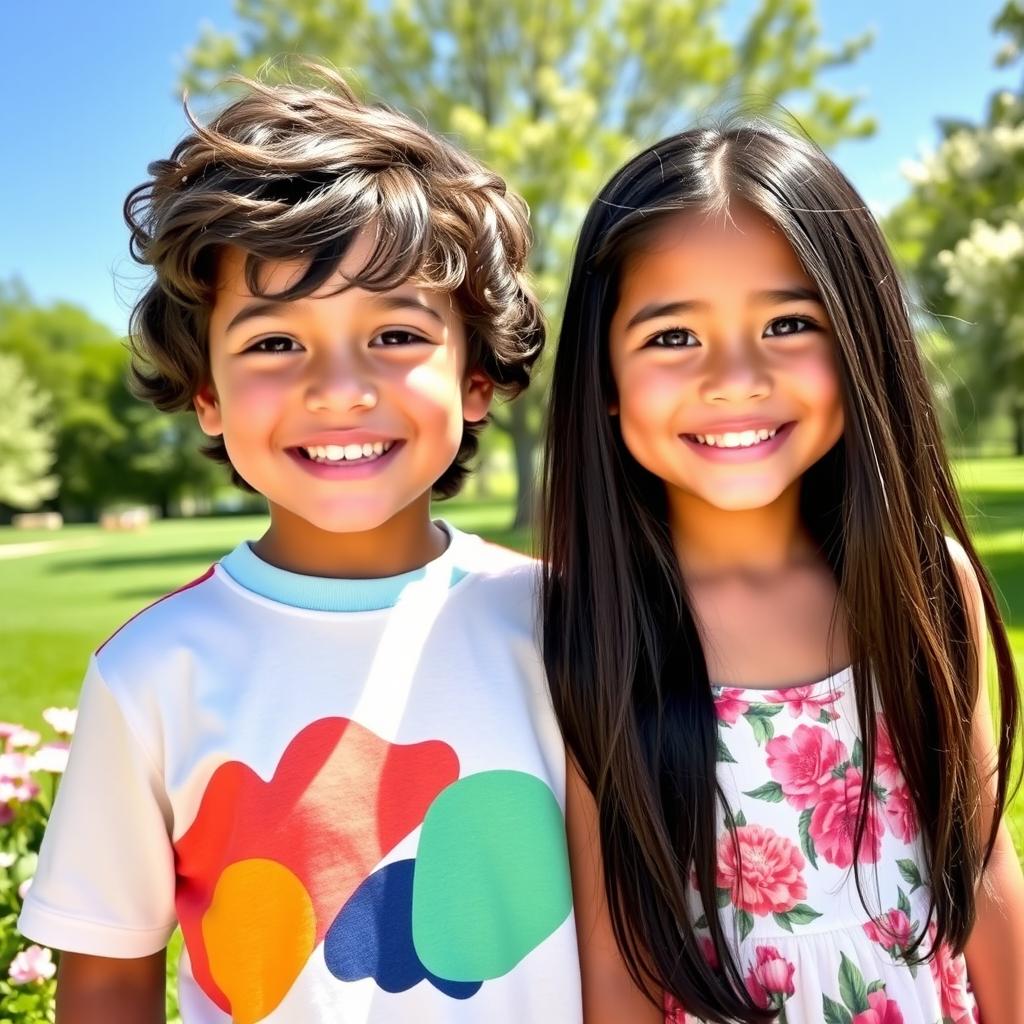 A young boy and girl standing together, both showcasing a blend of features from mixed ethnic backgrounds