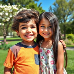 A young boy and girl standing together, both showcasing a blend of features from mixed ethnic backgrounds