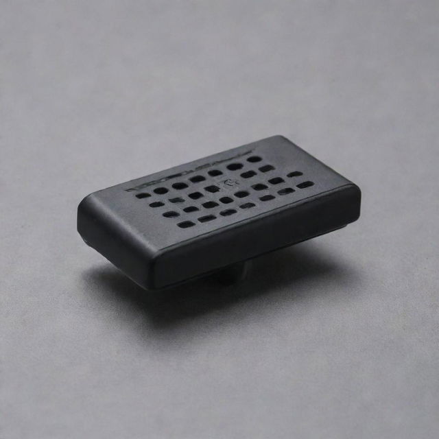 A miniature, horizontally extended, rectangle-shaped car vent clip with rounded edges. It's made from black plastic and has perforations, functioning as an air freshener.