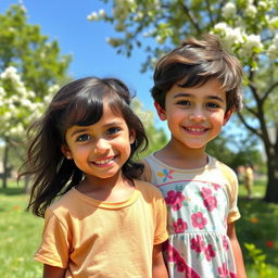 A young boy and girl standing together, both showcasing a blend of features from mixed ethnic backgrounds