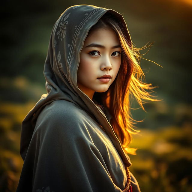 A beautiful girl wearing a traditional cloak, standing gracefully in a serene natural setting