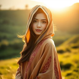 A beautiful girl wearing a traditional cloak, standing gracefully in a serene natural setting