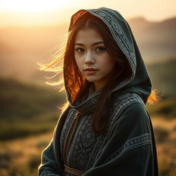 A beautiful girl wearing a traditional cloak, standing gracefully in a serene natural setting