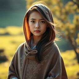 A beautiful girl wearing a traditional cloak, standing gracefully in a serene natural setting