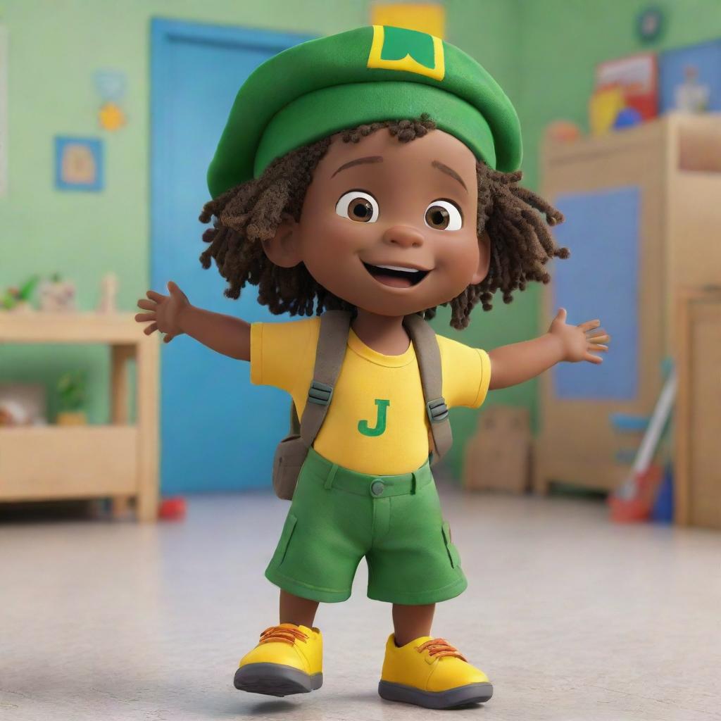 A Pixar-style animation of an excited Jamaican toddler Rasta boy at preschool, donning a green and yellow uniform, tote a knapsack, and flaunts a playful dreadlock cap