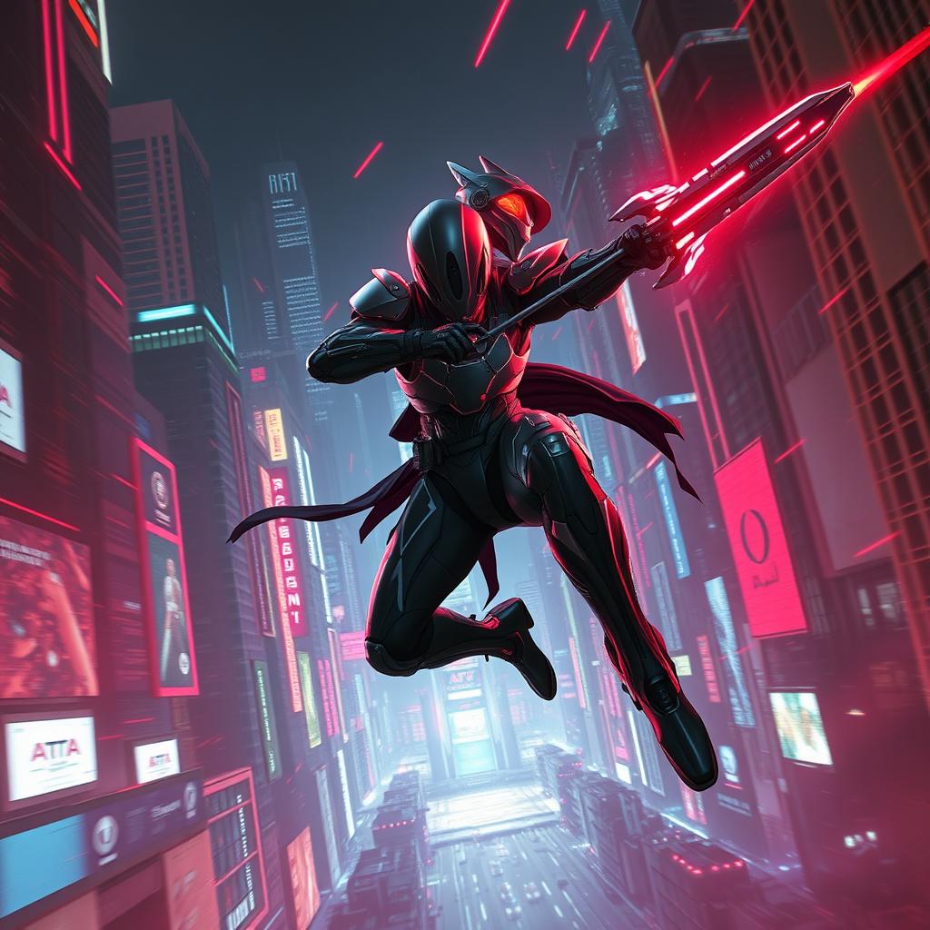 A dynamic and dramatic scene depicting a futuristic cyber warrior in combat, wielding a high-tech weapon, surrounded by a neon-lit cityscape