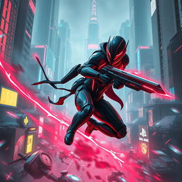 A dynamic and dramatic scene depicting a futuristic cyber warrior in combat, wielding a high-tech weapon, surrounded by a neon-lit cityscape