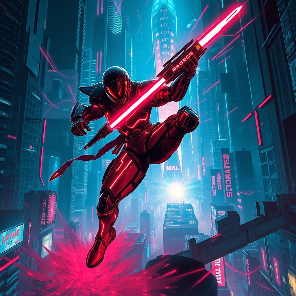 A dynamic and dramatic scene depicting a futuristic cyber warrior in combat, wielding a high-tech weapon, surrounded by a neon-lit cityscape