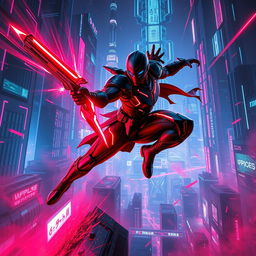 A dynamic and dramatic scene depicting a futuristic cyber warrior in combat, wielding a high-tech weapon, surrounded by a neon-lit cityscape