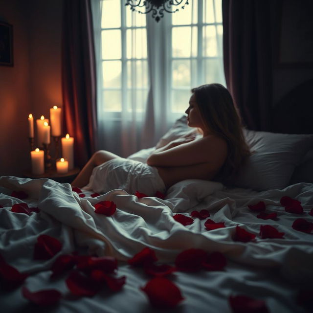 A sensual scene with a romantic atmosphere, featuring a dimly lit room with candles, soft silk sheets on a bed, and red rose petals scattered around