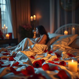 A sensual scene with a romantic atmosphere, featuring a dimly lit room with candles, soft silk sheets on a bed, and red rose petals scattered around