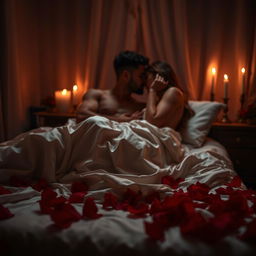 A sensual scene with a romantic atmosphere, featuring a dimly lit room with candles, soft silk sheets on a bed, and red rose petals scattered around