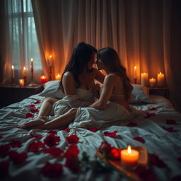 A sensual scene with a romantic atmosphere, featuring a dimly lit room with candles, soft silk sheets on a bed, and red rose petals scattered around