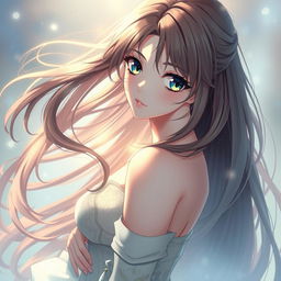 a beautiful and alluring anime woman with intricate detailing, standing confidently in an ethereal setting, her captivating gaze and flowing hair are the focal points, exuding a sense of elegance and grace