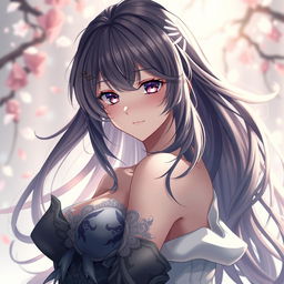 a beautiful and alluring anime woman with intricate detailing, standing confidently in an ethereal setting, her captivating gaze and flowing hair are the focal points, exuding a sense of elegance and grace