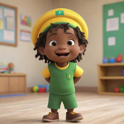 A Pixar-style animation of an excited Jamaican toddler Rasta boy at preschool, donning a green and yellow uniform, tote a knapsack, and flaunts a playful dreadlock cap