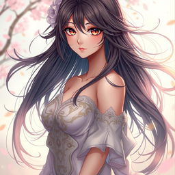 a beautiful and alluring anime woman with intricate detailing, standing confidently in an ethereal setting, her captivating gaze and flowing hair are the focal points, exuding a sense of elegance and grace