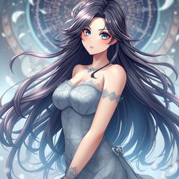 a beautiful and alluring anime woman with intricate detailing, standing confidently in an ethereal setting, her captivating gaze and flowing hair are the focal points, exuding a sense of elegance and grace