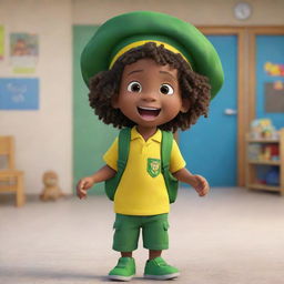 A Pixar-style animation of an excited Jamaican toddler Rasta boy at preschool, donning a green and yellow uniform, tote a knapsack, and flaunts a playful dreadlock cap