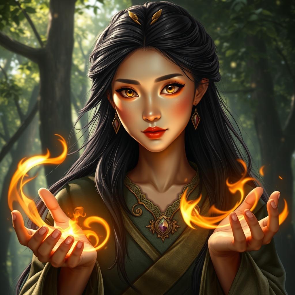 A D&D character portrayal of an Asian human woman, embodying the intertwining roles of a druid and a dragonfire adept