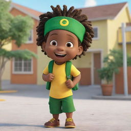 A Pixar-style animation of an excited Jamaican toddler Rasta boy at preschool, donning a green and yellow uniform, tote a knapsack, and flaunts a playful dreadlock cap