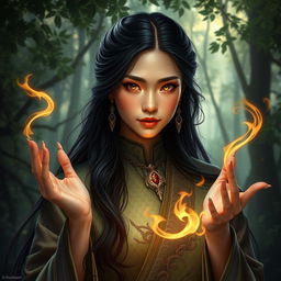 A D&D character portrayal of an Asian human woman, embodying the intertwining roles of a druid and a dragonfire adept