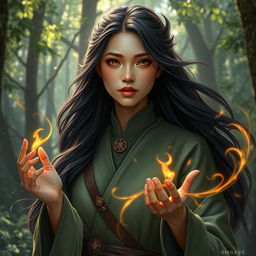 A D&D character portrayal of an Asian human woman, embodying the intertwining roles of a druid and a dragonfire adept