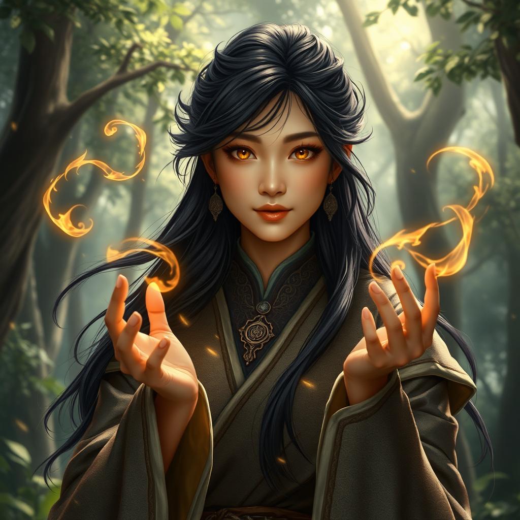 A D&D character portrayal of an Asian human woman, embodying the intertwining roles of a druid and a dragonfire adept