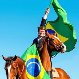 President Lula da Silva riding majestically on a strong, powerful horse, holding the Brazilian flag high with pride