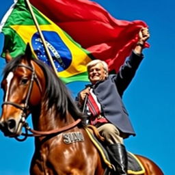 President Lula da Silva riding majestically on a strong, powerful horse, holding the Brazilian flag high with pride