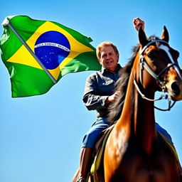 President Lula da Silva riding majestically on a strong, powerful horse, holding the Brazilian flag high with pride