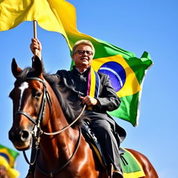 President Lula da Silva riding majestically on a strong, powerful horse, holding the Brazilian flag high with pride