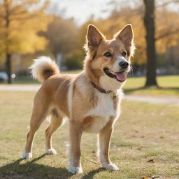 An adorable, full-bodied dog with shining lively eyes, and a playful & wagging tail, standing majestically against a background of a sunny park