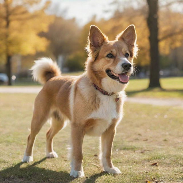 An adorable, full-bodied dog with shining lively eyes, and a playful & wagging tail, standing majestically against a background of a sunny park