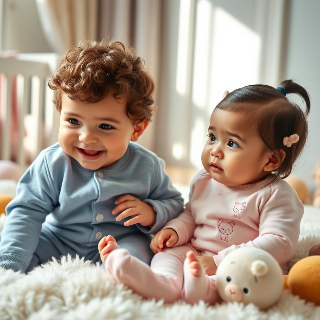 A baby boy and girl sitting together on a soft, fluffy blanket