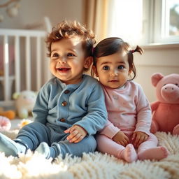 A baby boy and girl sitting together on a soft, fluffy blanket