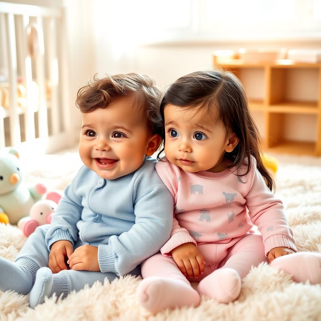 A baby boy and girl sitting together on a soft, fluffy blanket