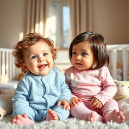 A baby boy and girl sitting together on a soft, fluffy blanket