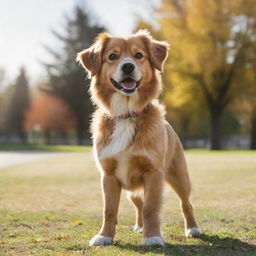 An adorable, full-bodied dog with shining lively eyes, and a playful & wagging tail, standing majestically against a background of a sunny park