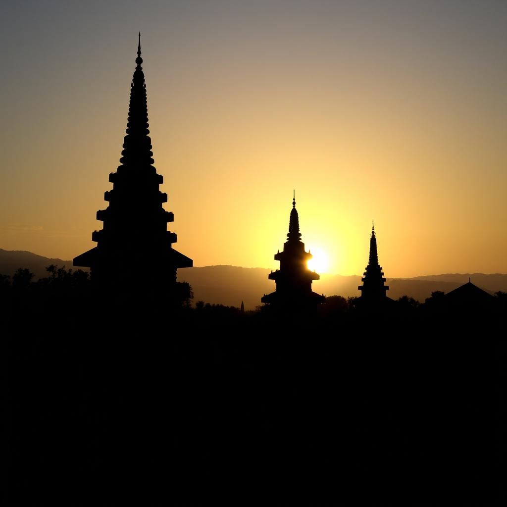 A shadowy landscape of an ancient Myanmar village, featuring traditional pagodas and towering structures