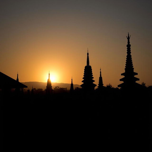 A shadowy landscape of an ancient Myanmar village, featuring traditional pagodas and towering structures