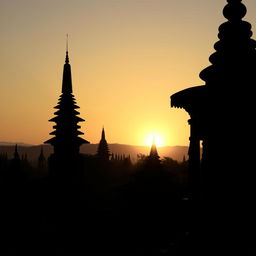 A shadowy landscape of an ancient Myanmar village, featuring traditional pagodas and towering structures