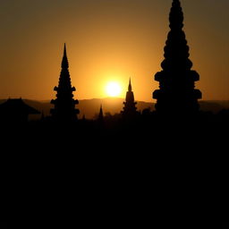 A shadowy landscape of an ancient Myanmar village, featuring traditional pagodas and towering structures