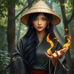 A D&D character portrayal of an Asian human woman, embodying the intertwining roles of a druid and a dragonfire adept